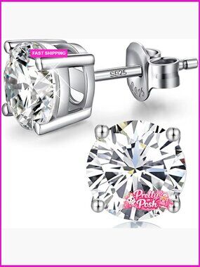 18K White Gold Plated 925 Sterling Silver Round and Princess Cut CZ Stud